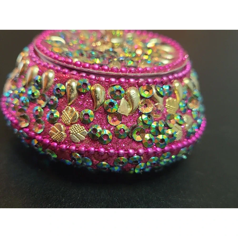 Vintage Fuchsia Round Ornate Jeweled Trinket Jewelry Box Glitter Inlay Sparkle